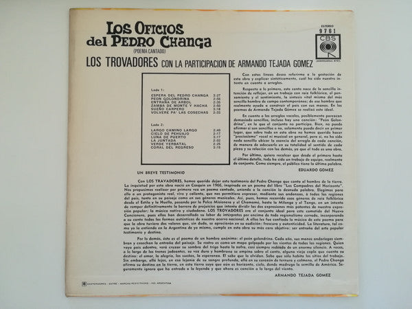 Los Trovadores Con La Participación De  Armando Tejada Gómez : Los Oficios Del Pedro Changa (Poema Cantado) (LP, Album)
