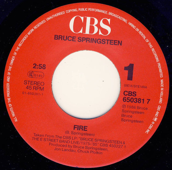 Bruce Springsteen & The E-Street Band : Fire (7", Single)