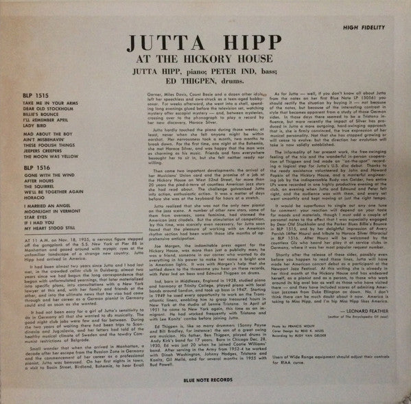 Jutta Hipp : At The Hickory House Volume 2 (LP, Album, Mono)