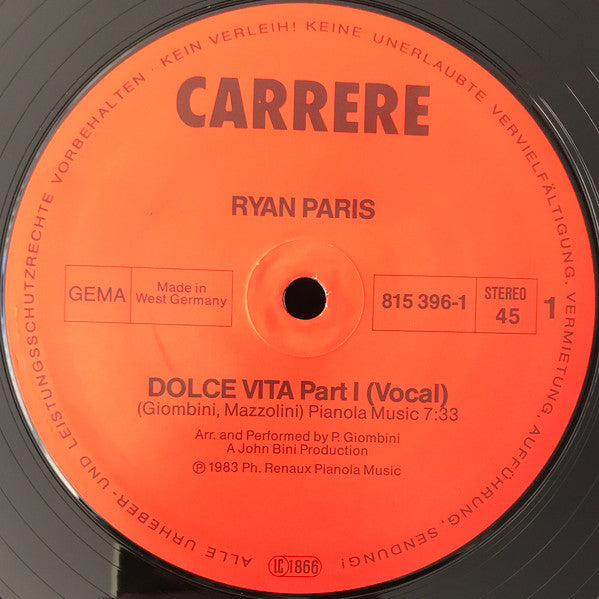 Ryan Paris : Dolce Vita (Original Version) (12", Maxi, Pap)
