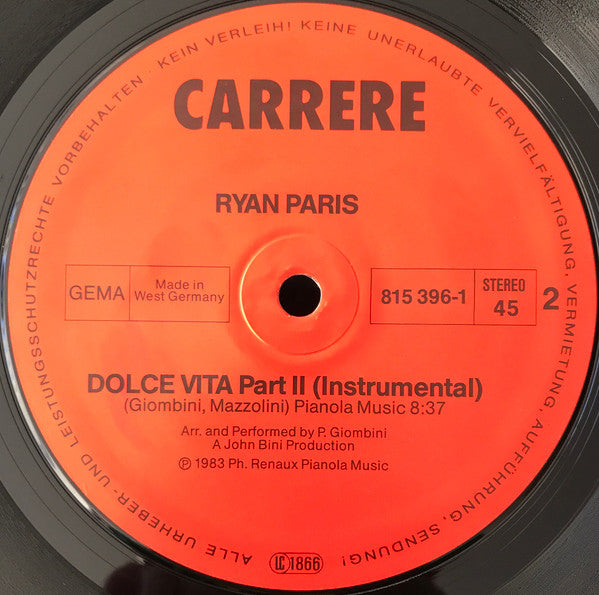 Ryan Paris : Dolce Vita (Original Version) (12", Maxi, Pap)