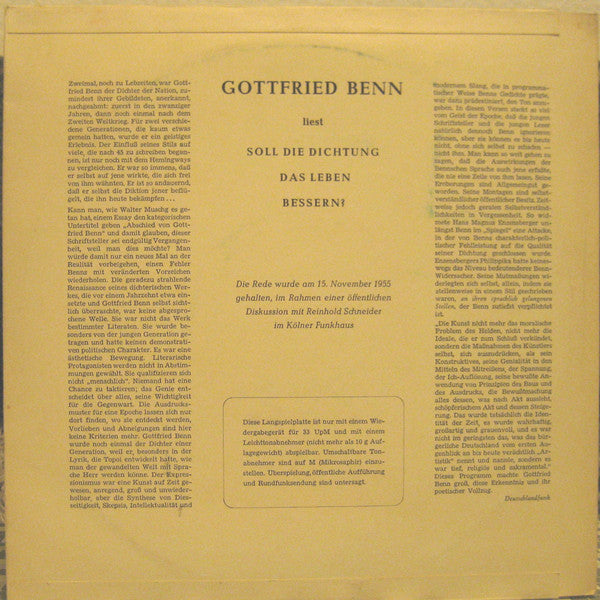 Gottfried Benn : Soll Die Dichtung Das Leben Verbessern? (10")