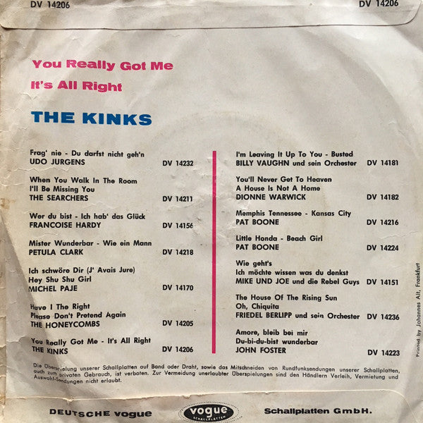 The Kinks : You Really Got Me / It's All Right (7", Single)