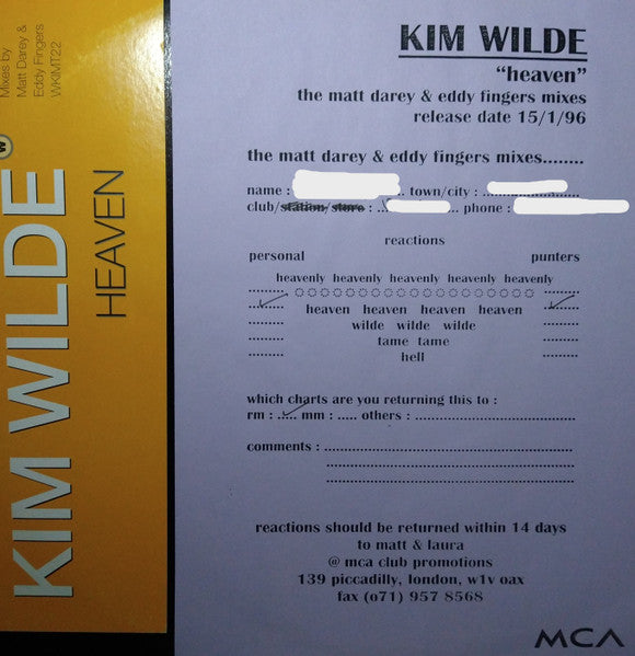 Kim Wilde : Heaven (12", Promo)