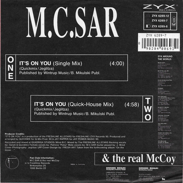 M.C.Sar & The Real McCoy* : It's On You (7", Single)