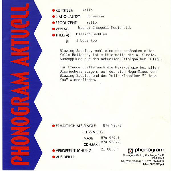 Yello : Blazing Saddles (7", Single)