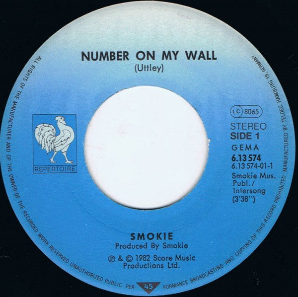 Smokie : Number On My Wall (7", Single)