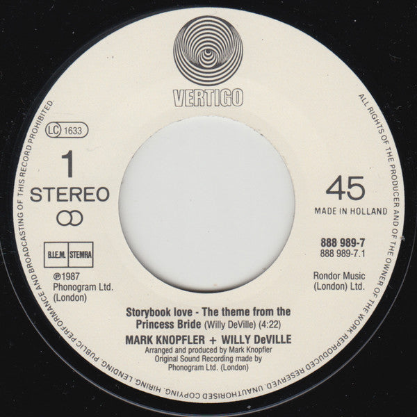Mark Knopfler + Willy DeVille : Storybook Love (Theme From The Princess Bride) (7")