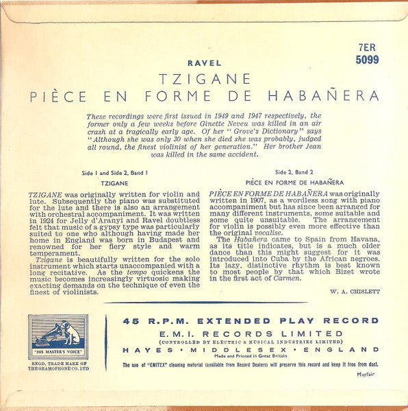 Ravel* - Ginette Neveu And Jean Neveu : Tzigane / Pièce En Forme De Habañera (7", EP, Mono)