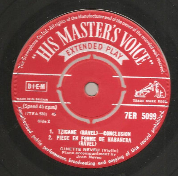 Ravel* - Ginette Neveu And Jean Neveu : Tzigane / Pièce En Forme De Habañera (7", EP, Mono)