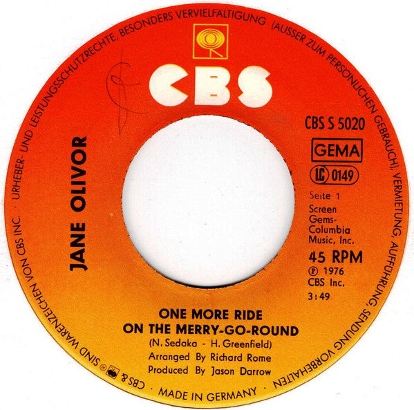 Jane Olivor : One More Ride On The Merry-Go-Round (7", Single)