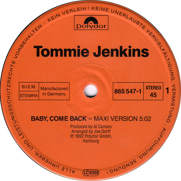 Tommie Jenkins : Baby, Come Back (12")