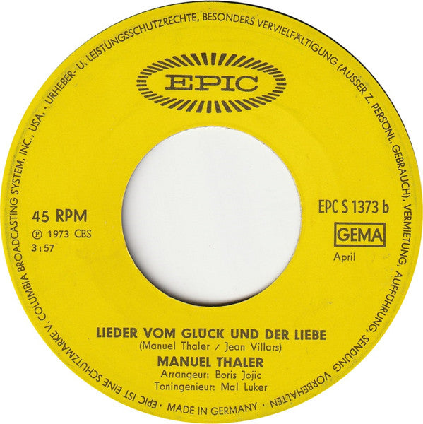 Manuel Thaler : Komm' Geh Mit Mir / Lieder Vom Glück Und Der Liebe  (7", Single)