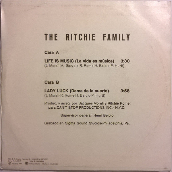 The Ritchie Family : Life Is Music = La Vida Es Música (7", Single)