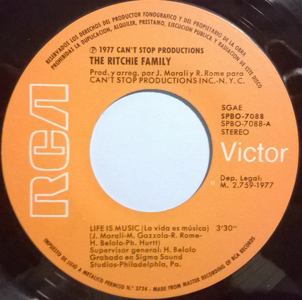 The Ritchie Family : Life Is Music = La Vida Es Música (7", Single)