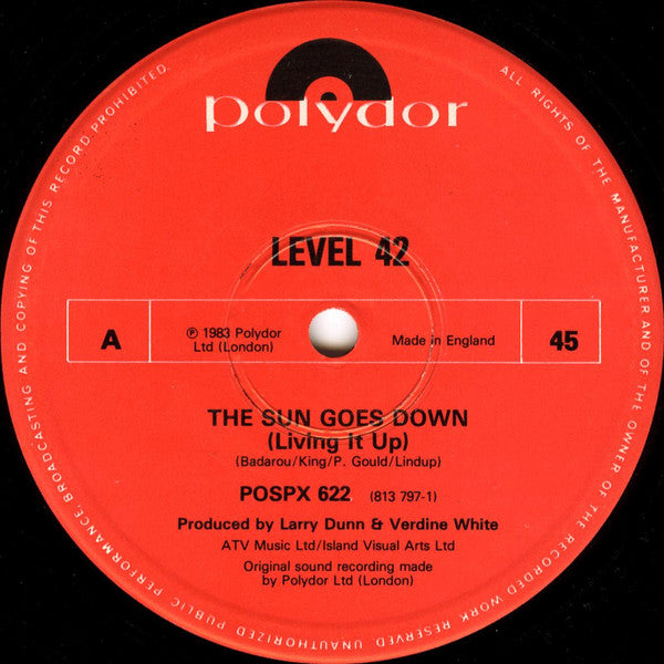 Level 42 : The Sun Goes Down (Living It Up) (12", Single, Blu)
