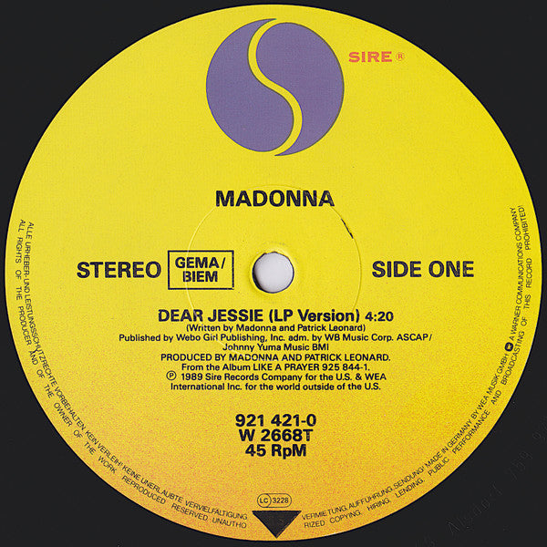 Madonna : Dear Jessie (12", Maxi)