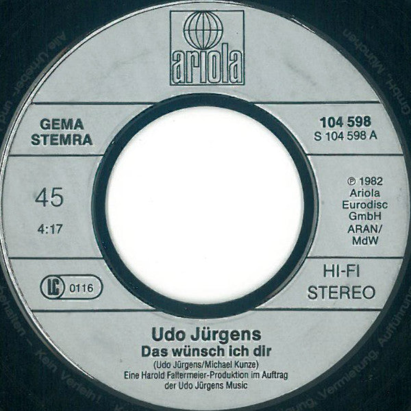Udo Jürgens : Das Wünsch Ich Dir / Ich War Noch Niemals In New York (7", Single)