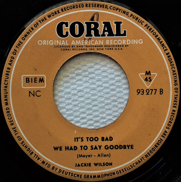 Jackie Wilson : I'm Wanderin' / It's Too Bad We Had To Say Goodbye (7", Single, Mono)