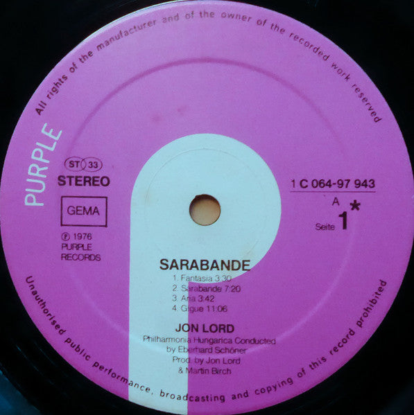 Jon Lord : Sarabande (LP, Album, RP, Die)