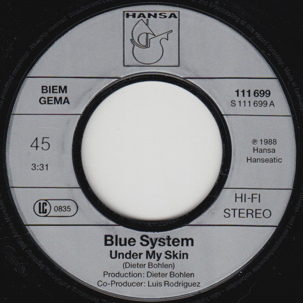 Blue System : Under My Skin (7", Single)