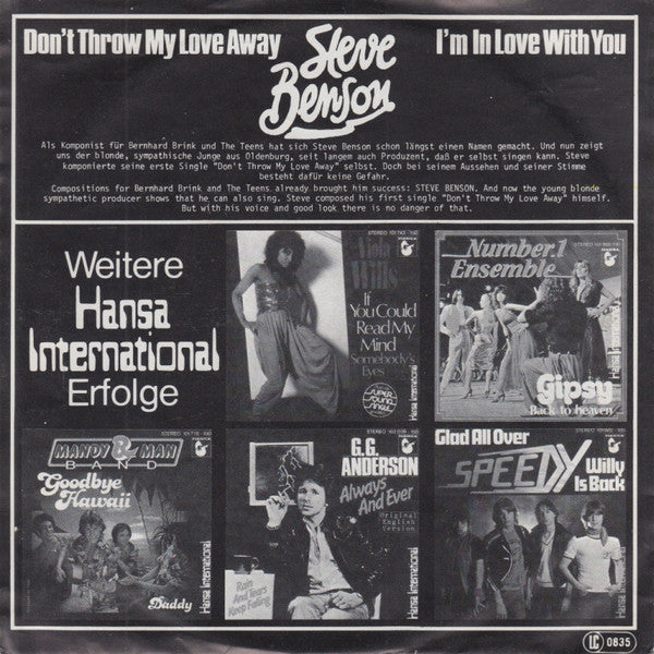 Steve Benson : Don't Throw My Love Away (7", Single)