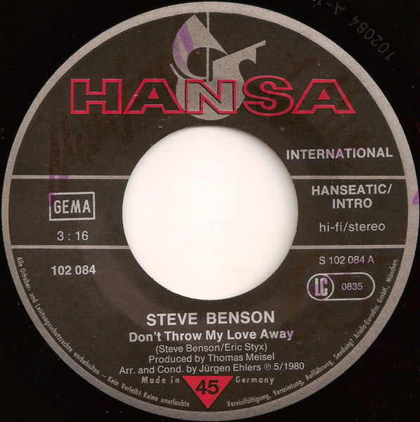 Steve Benson : Don't Throw My Love Away (7", Single)
