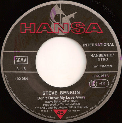 Steve Benson : Don't Throw My Love Away (7", Single)
