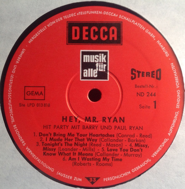 Paul & Barry Ryan : Hey, Mr. Ryan (LP, Comp)