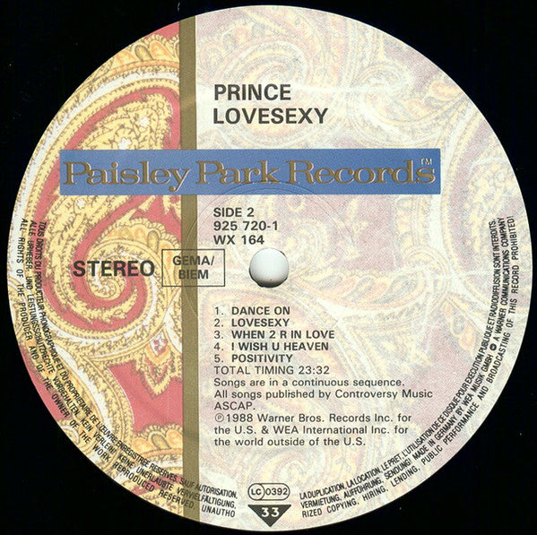 Prince : Lovesexy (LP, Album, Tel)