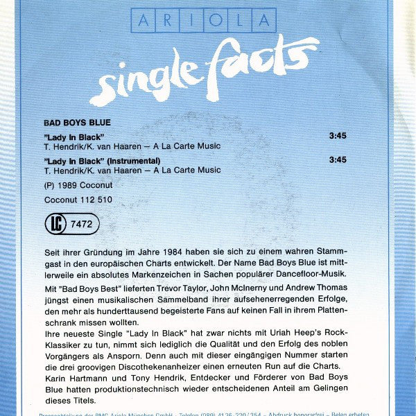 Bad Boys Blue : Lady In Black (7", Single)