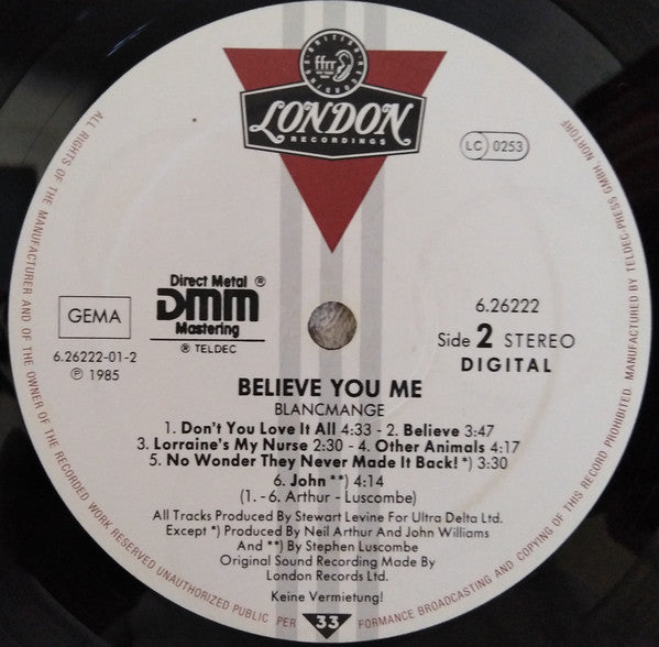 Blancmange : Believe You Me (LP, Album, DMM)