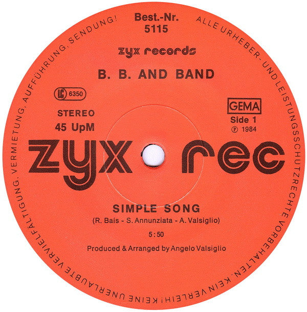 B.B. And Band* : Simple Song / Wanna Be Free (12")