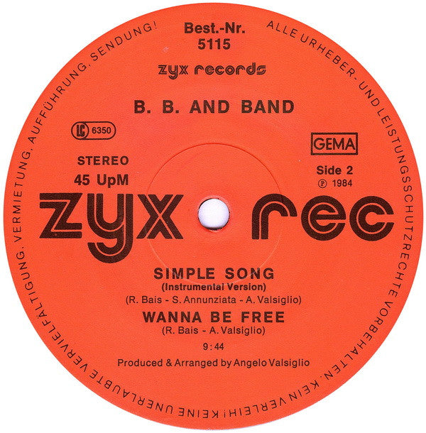 B.B. And Band* : Simple Song / Wanna Be Free (12")