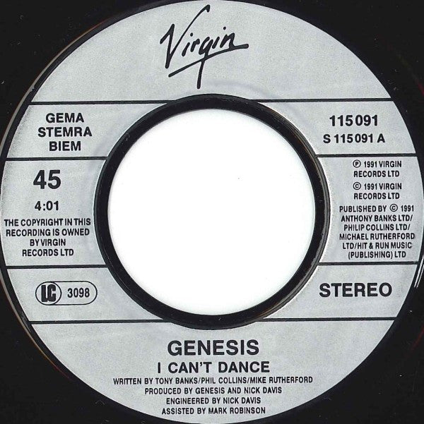 Genesis : I Can't Dance (7", Single)