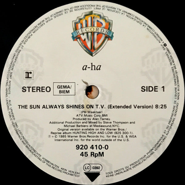 a-ha : The Sun Always Shines On T.V. (12", Maxi)
