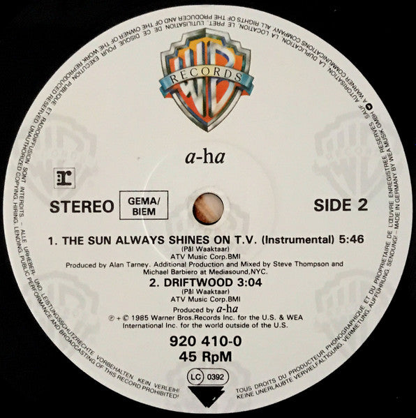 a-ha : The Sun Always Shines On T.V. (12", Maxi)