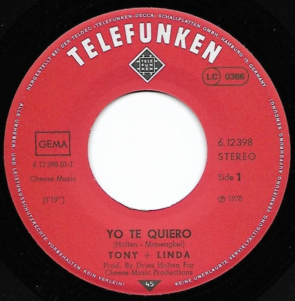 Tony & Linda : Yo Te Quiero (7", Single)