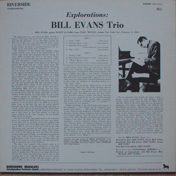 Bill Evans Trio* : Explorations (LP, Album, RE)