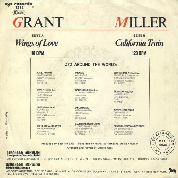 Grant Miller : Wings Of Love / California Train (7", Single)