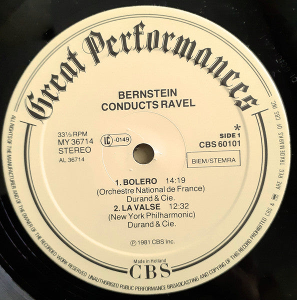 Bernstein* conducting the New York Philharmonic and the Orchestre National De France / Ravel* : Bolero / La Valse / Alborada Del Gracioso / Daphnis Et Chloe Suite No. 2 (LP, Comp)