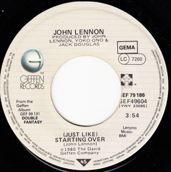 John Lennon : (Just Like) Starting Over (7", Single)