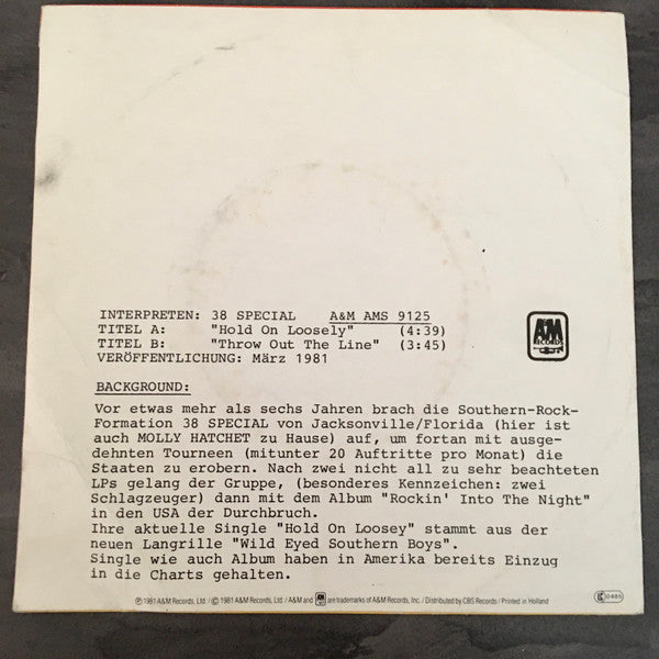 38 Special (2) : Hold On Loosely (7", Single, Promo)