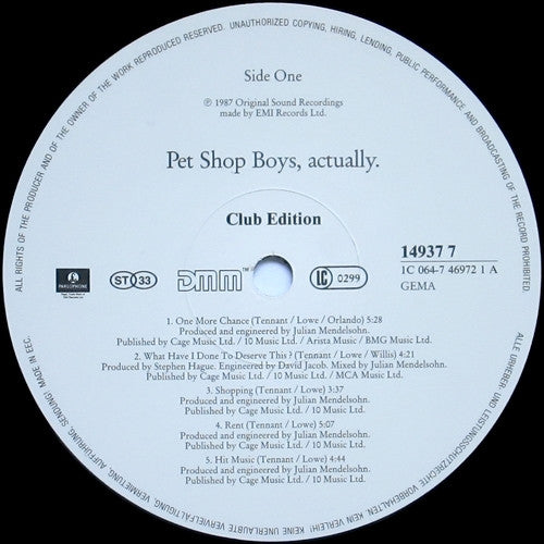 Pet Shop Boys : Actually (LP, Album, Club)