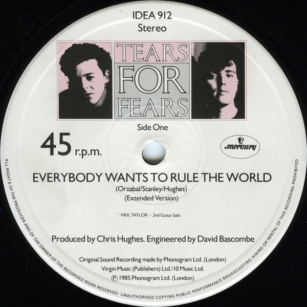 Tears For Fears : Everybody Wants To Rule The World (Extended Version) (12", Single)