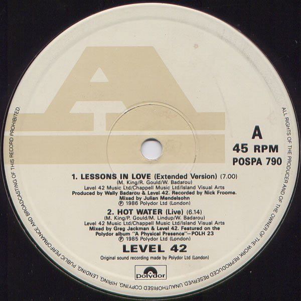 Level 42 : Lessons In Love / Something About You (12", Ltd)