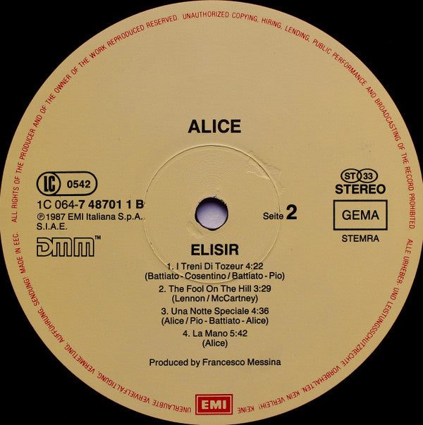 Alice (4) : Elisir (LP, Album, Gat)