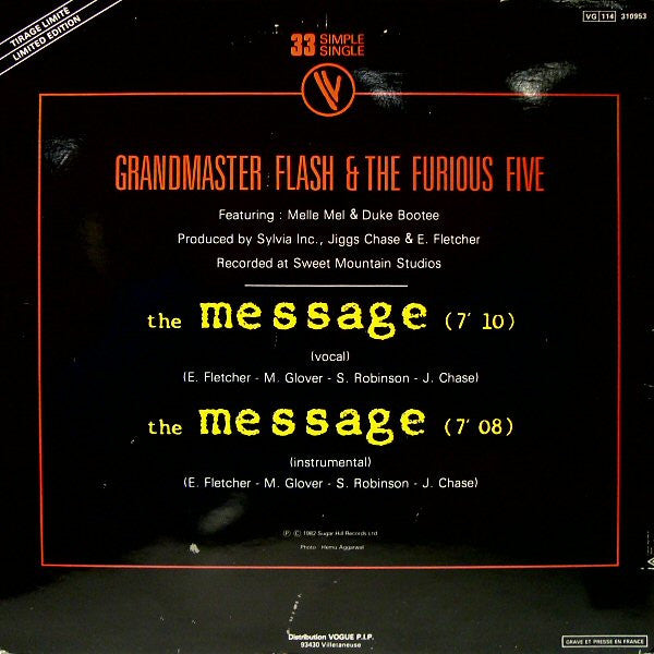 Grandmaster Flash & The Furious Five : The Message (12", Single, Ltd)