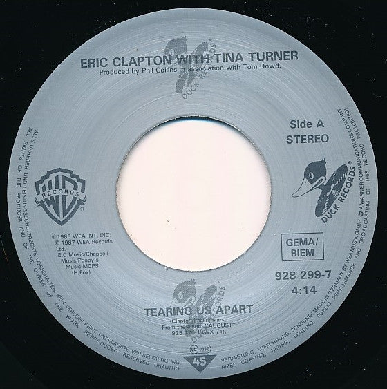 Eric Clapton with Tina Turner : Tearing Us Apart (7", Single)