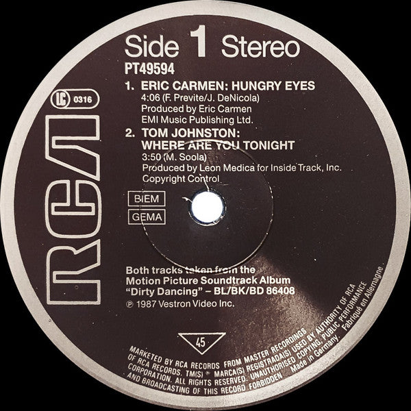 Eric Carmen / Tom Johnston / Bill Medley & Jennifer Warnes : Hungry Eyes / Where Are You Tonight / (I've Had) The Time Of My Life (12", Maxi)